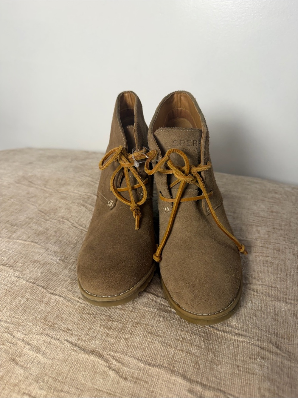 Sperry Women’s Brown Suede Ankle Booties with Tan Laces
